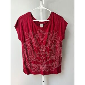 Chico's Stitched Floral Tee Top Red Short Sleeve Knit Size 0 BNWT $59.50
